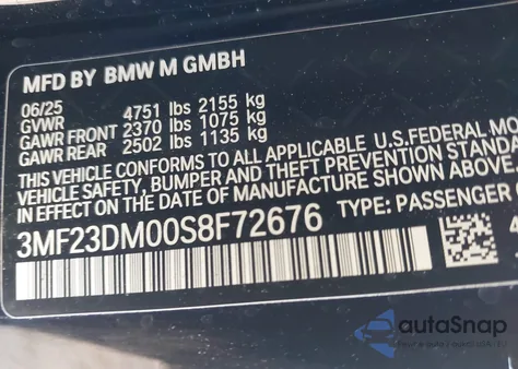 2025 BMW M2 z USA, uszkodzony, nr VIN 3MF23DM00S8F72676